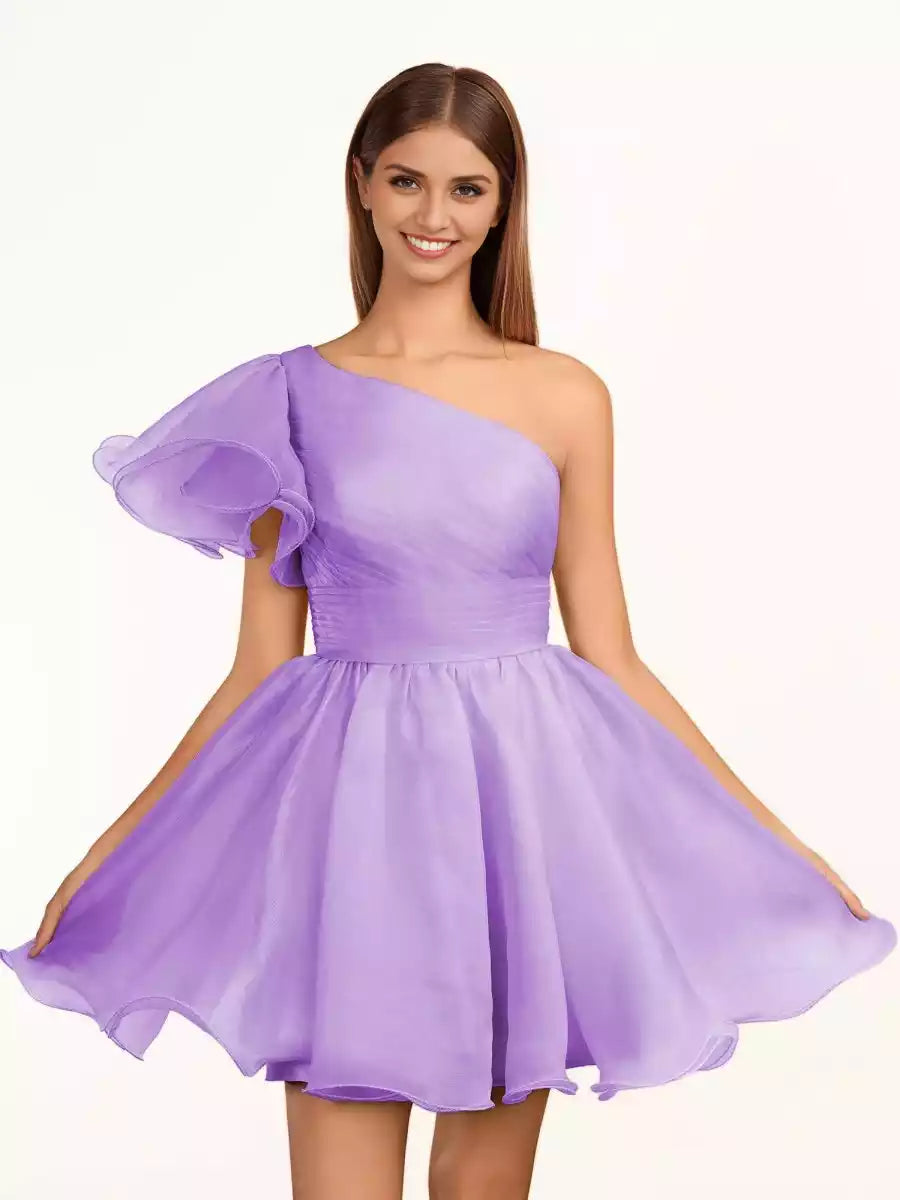 Elegant A-line silhouette organza single shoulder neckline pleated ruffle edge lace up back Homecoming Dresses